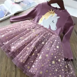 2025 Girl's Spring And Autumn Unicorn Mesh Dress Children's Star Spliced Princess Dress Girl's Long sleeved Mesh Dress 2-8Y