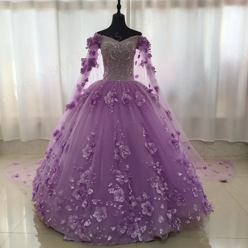 Vestido de quinceañera de lujo con cuentas y lentejuelas, vestido de fiesta de alta calidad, flores 3D, púrpura, dulce, Vintage con capa, 15 años