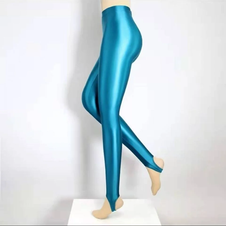 Glossy Japanese satin high waist step on foot leggings Plus size shiny sports yoga pants Women tight seamless tights