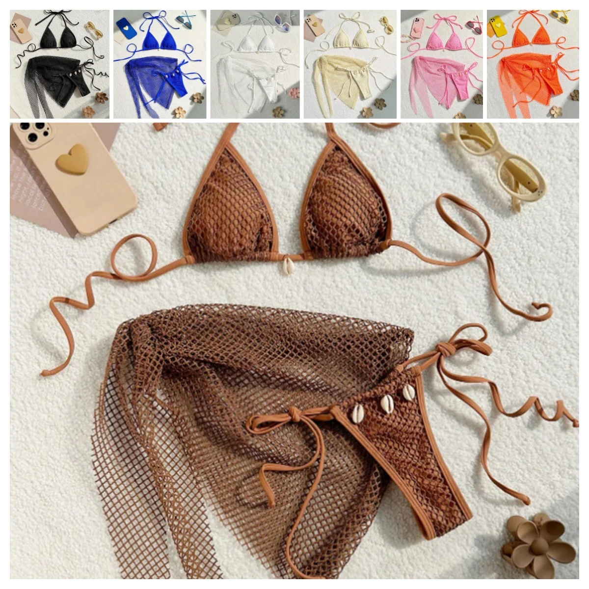 Fanan Swimwear Three-piece Beach Holiday Women's Bikini Shell Fishnet Skirt Three-piece Set