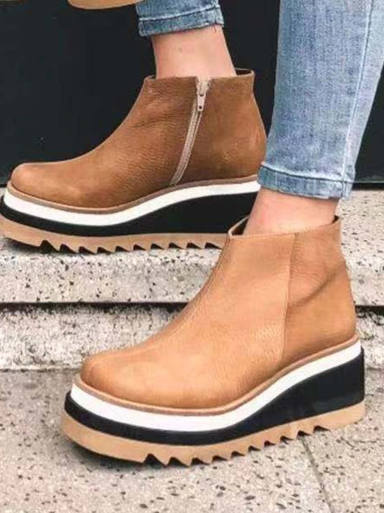 Large Size 43 Wedge Heel Ankle Boots Women\'s 2021 Autumn and Winter New Flat Side Zipper Leather Boots Women Botas De Mujer