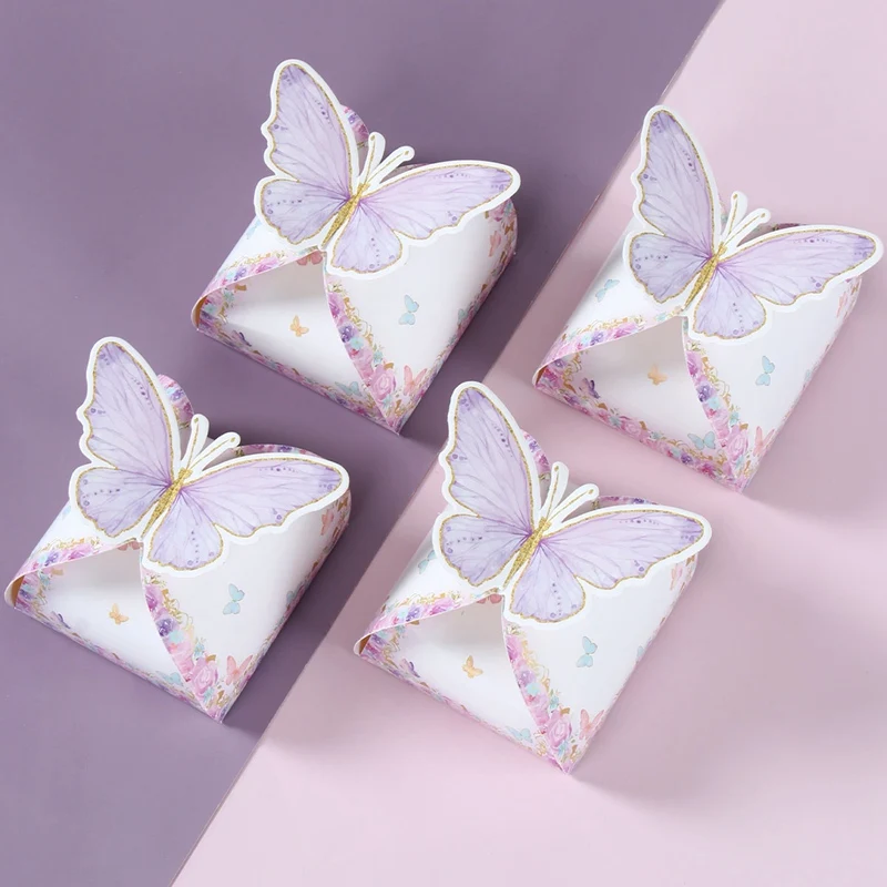 Boîte-cadeau de bonbons, 12 pièces, papillon violet rose, décorations de fête d'anniversaire, fournitures de mariage, réception-cadeau pour bébé, biscuits au chocolat, sac
