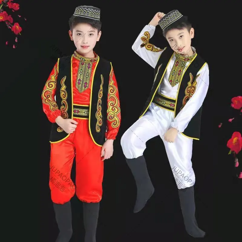 Traditoinal Muslim Style Dance Costume For Islamic Boys Red Muslim Suit Arab Performance Party Show Kids Gift Red White