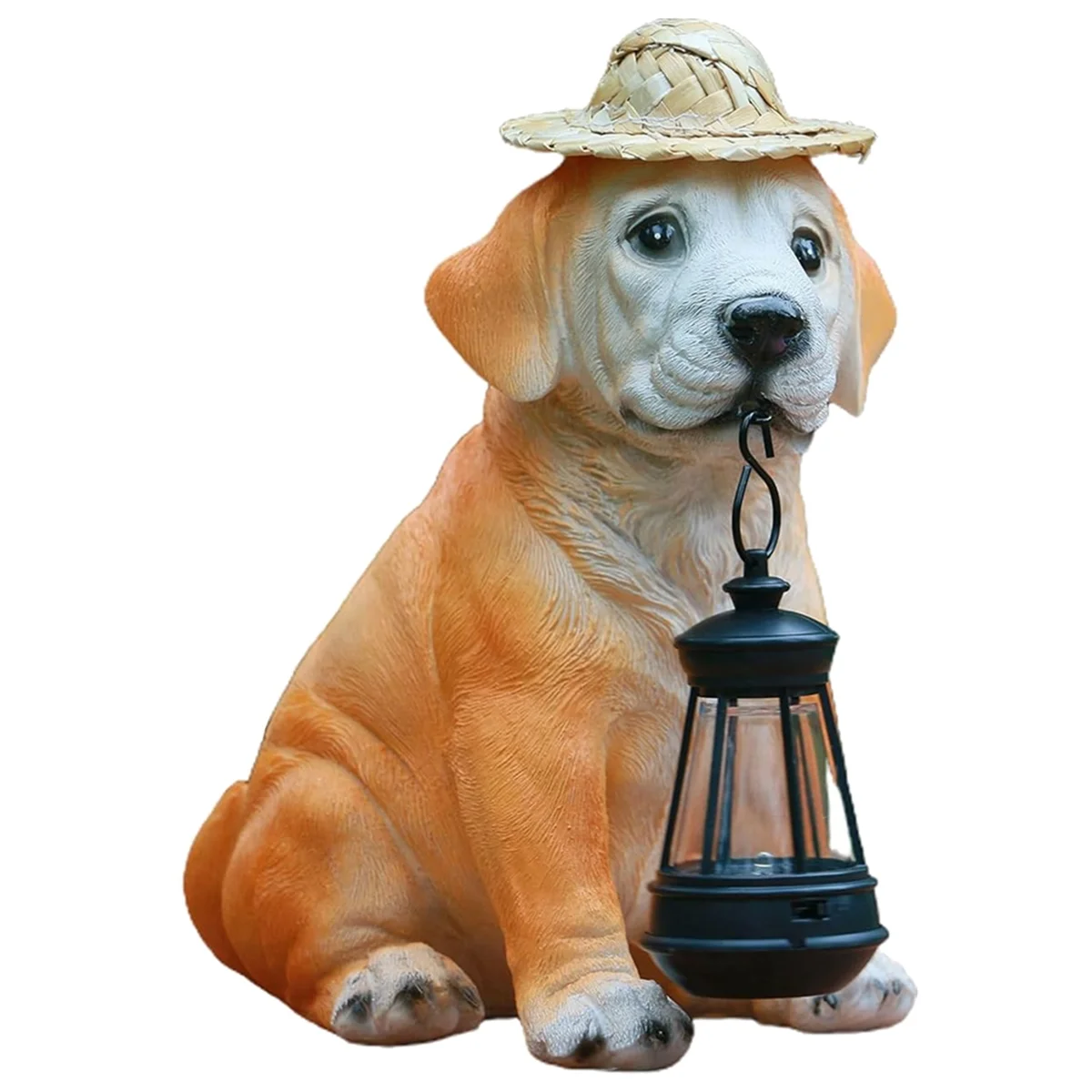 Garden Dog Statues - Adorable Resin Dog Figurines with Straw Hat and Solar LED Lantern, Puppy Decor Outdoor Solar Light