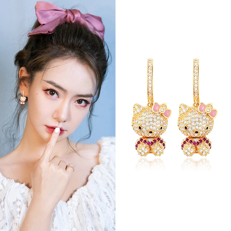 New Kawaii Sanrioed Hellokitty Full Diamond Earrings Kitty Cat Head Necklace Pendant Girls Fashion Luxury Versatile Stud Jewelry