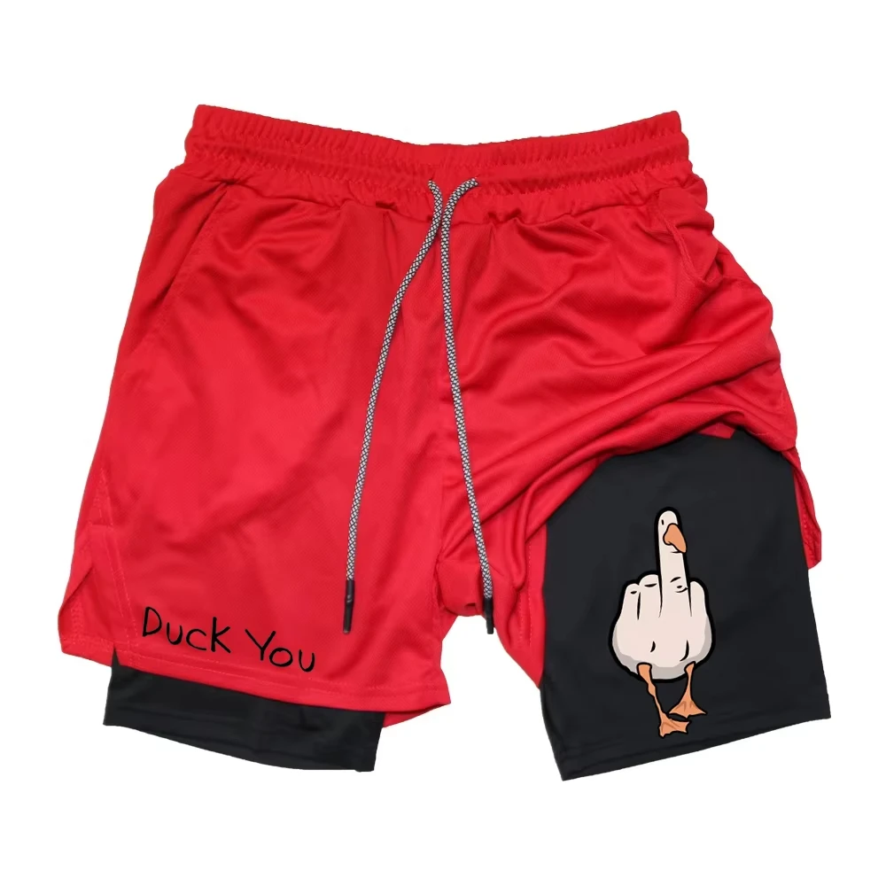 Men's cartoon duck print 2-in-1 shorts, double-layer quick drying summer fitness jogging beach shorts