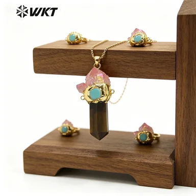 WT-P1558 WKT Wholesale Unique Design Pendant With Double Point In Gold Plated Natural Cluster Quartz Healing Pendant Gift