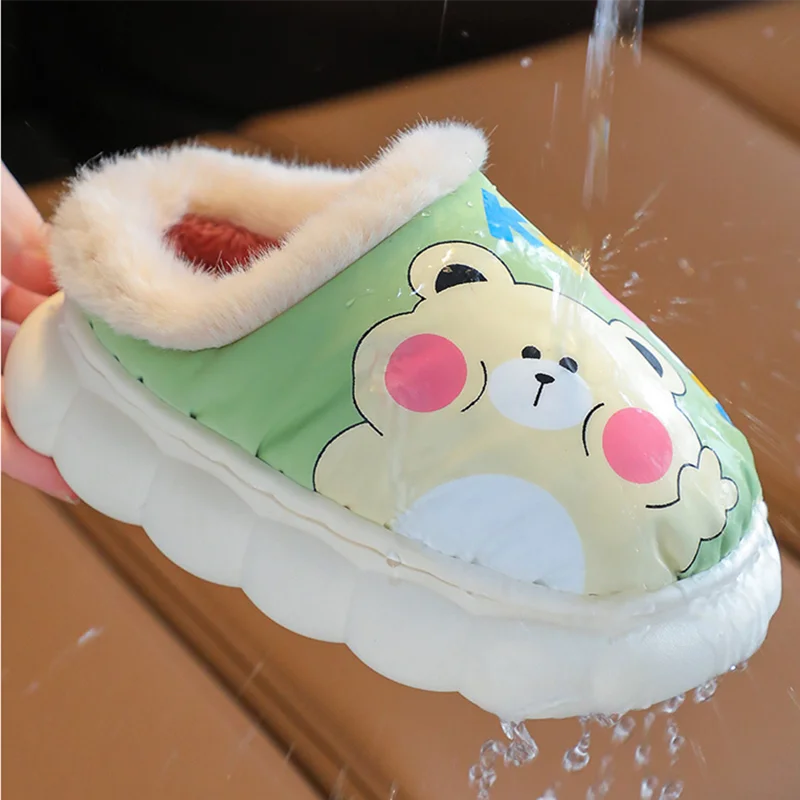 Zapatillas de algodón para niños, zapatos cálidos de invierno, antideslizantes, impermeables, con dibujos de osos, suaves