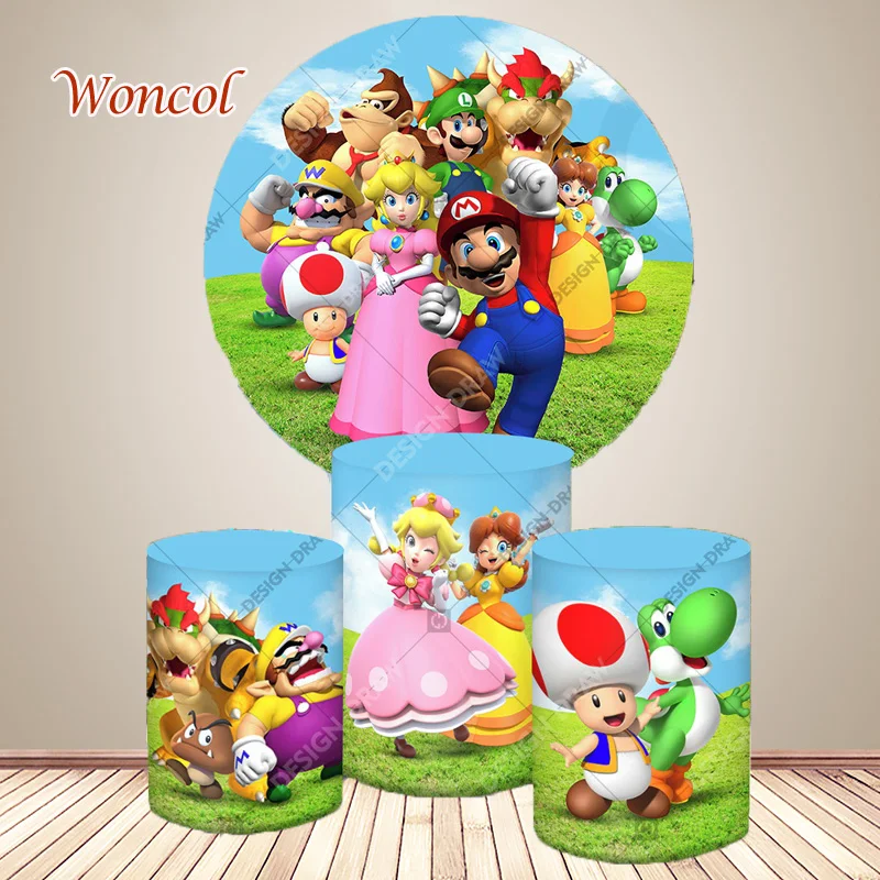 Super Mario Round Backdrop Girl Birthday Party Backdrop Yoshi Toad Princess Peach Princess Daisy Cylinder Cover Decor Prop