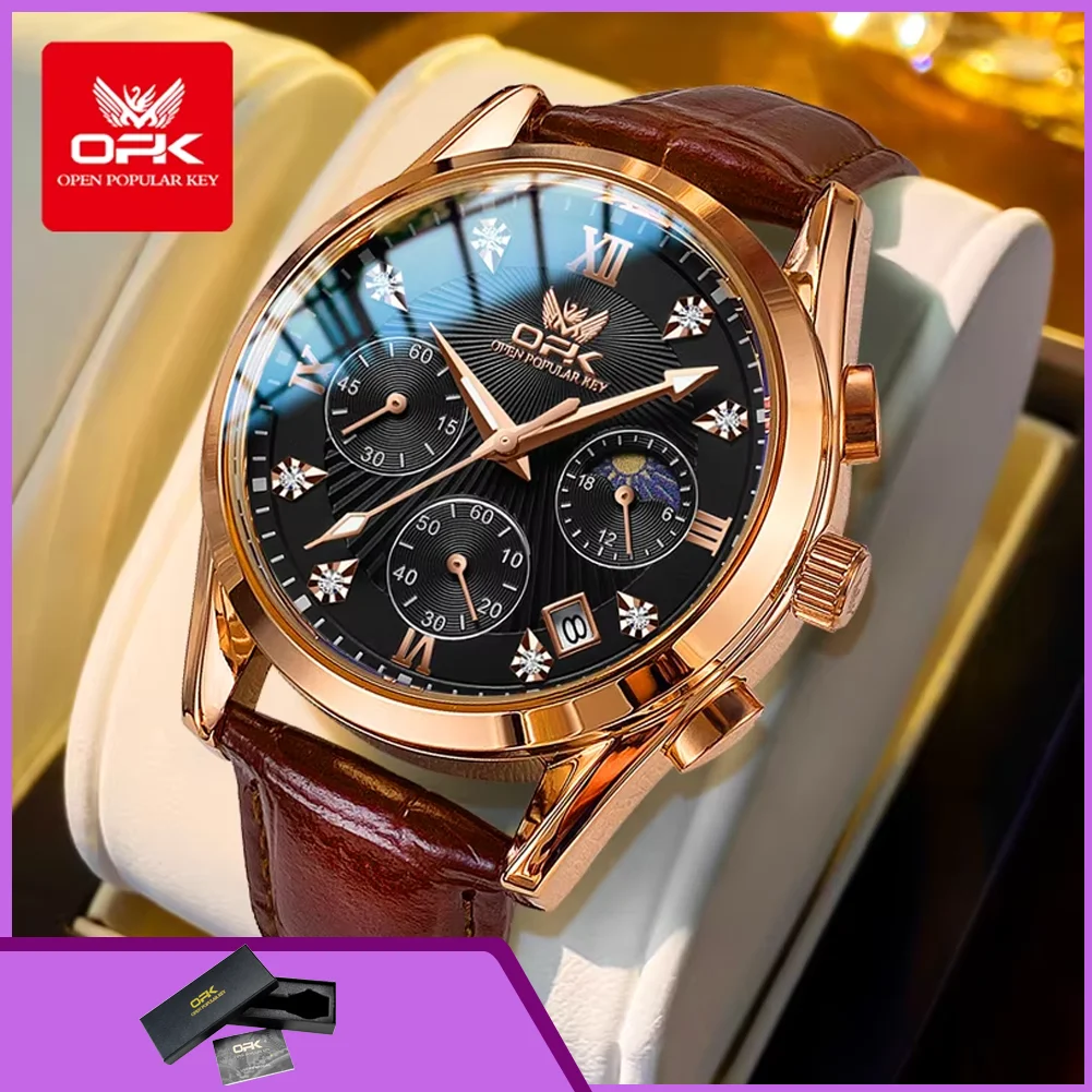 

OPK 8162 Men's Watches 24 Hour Moon Phase Chronograph Waterproof Luminous Quartz Watches for Man Fashion Leather Strap Man Watch