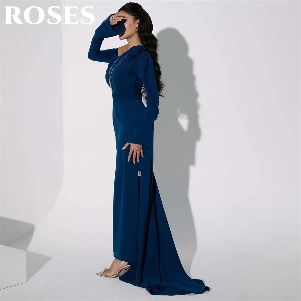 

ROSES Navy Blue Prom Dress Trumpet Celebrity Dresses Regular Full Sleeve Women's Evening Dresses Simple Formal Gowns Customized