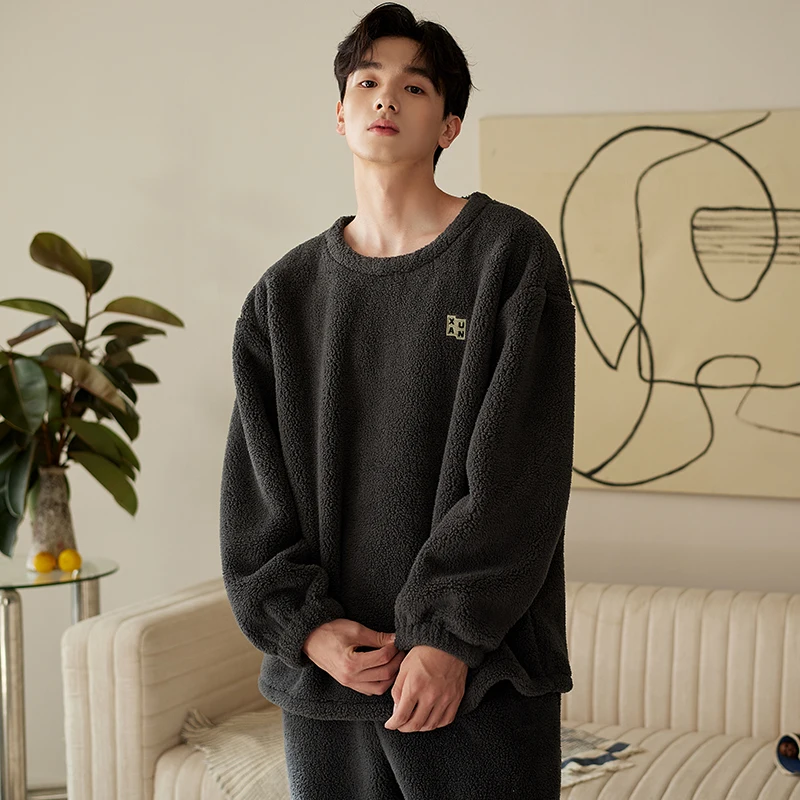 Keep Warm Pajamas Suits Men Winter Flannel Long-sleeve Thickening Plus Velvet Coral Fleece Autumn And Winter Home Service XXXL