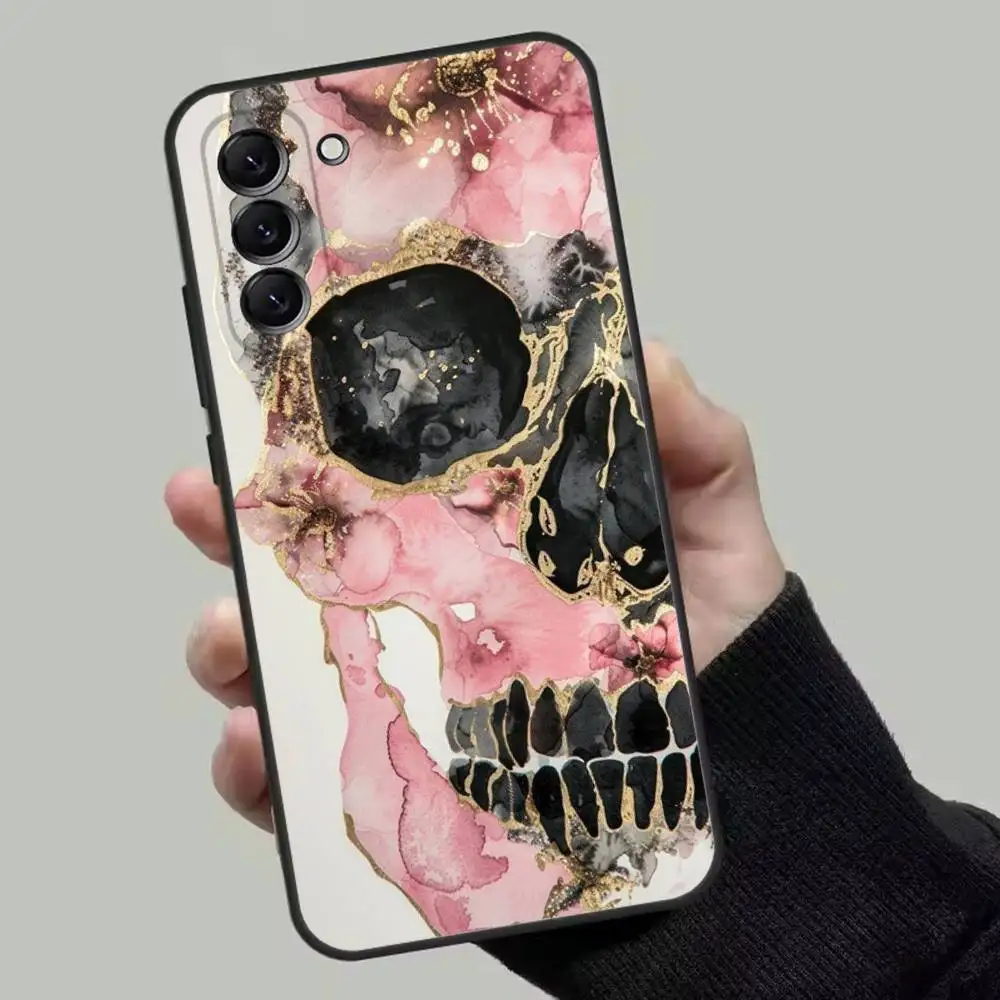 الجمجمة الأزهار الكرتون حالة الهاتف لسامسونج غالاكسي A13، A21s، A22، A31، A32، A52، A53، A71، A80، غلاف أسود ناعم