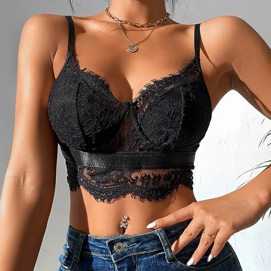 Women Black Lace Mesh Corset Crop Tank Tops Summer Halter Lingerie Backless Vest Slim Fit Adjustable Strap Camisole Skinny Tunic