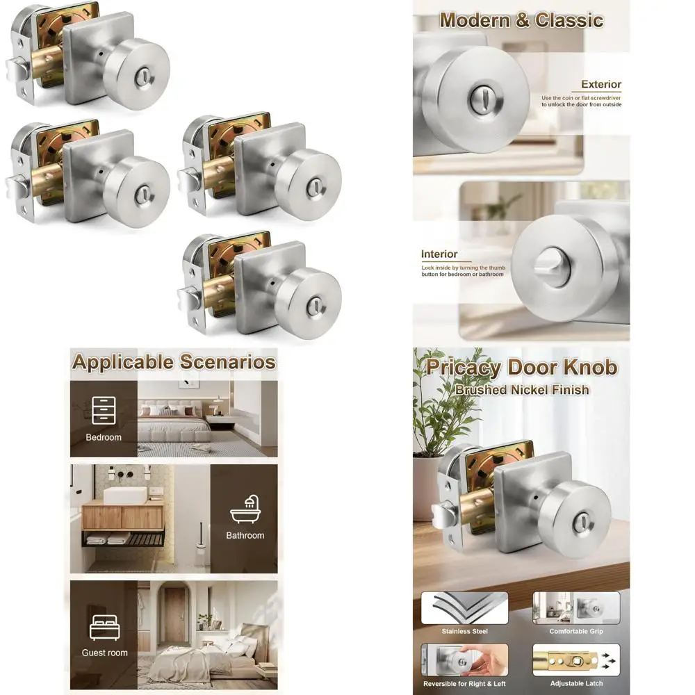 مجموعة مقابض أبواب الخصوصية بدون مفتاح مكونة من 4 قطع، مقابض قاعدة مربعة داخلية لغرفة النوم والحمام، مقابض أبواب بتصميم كلاسيكي للتعزيز