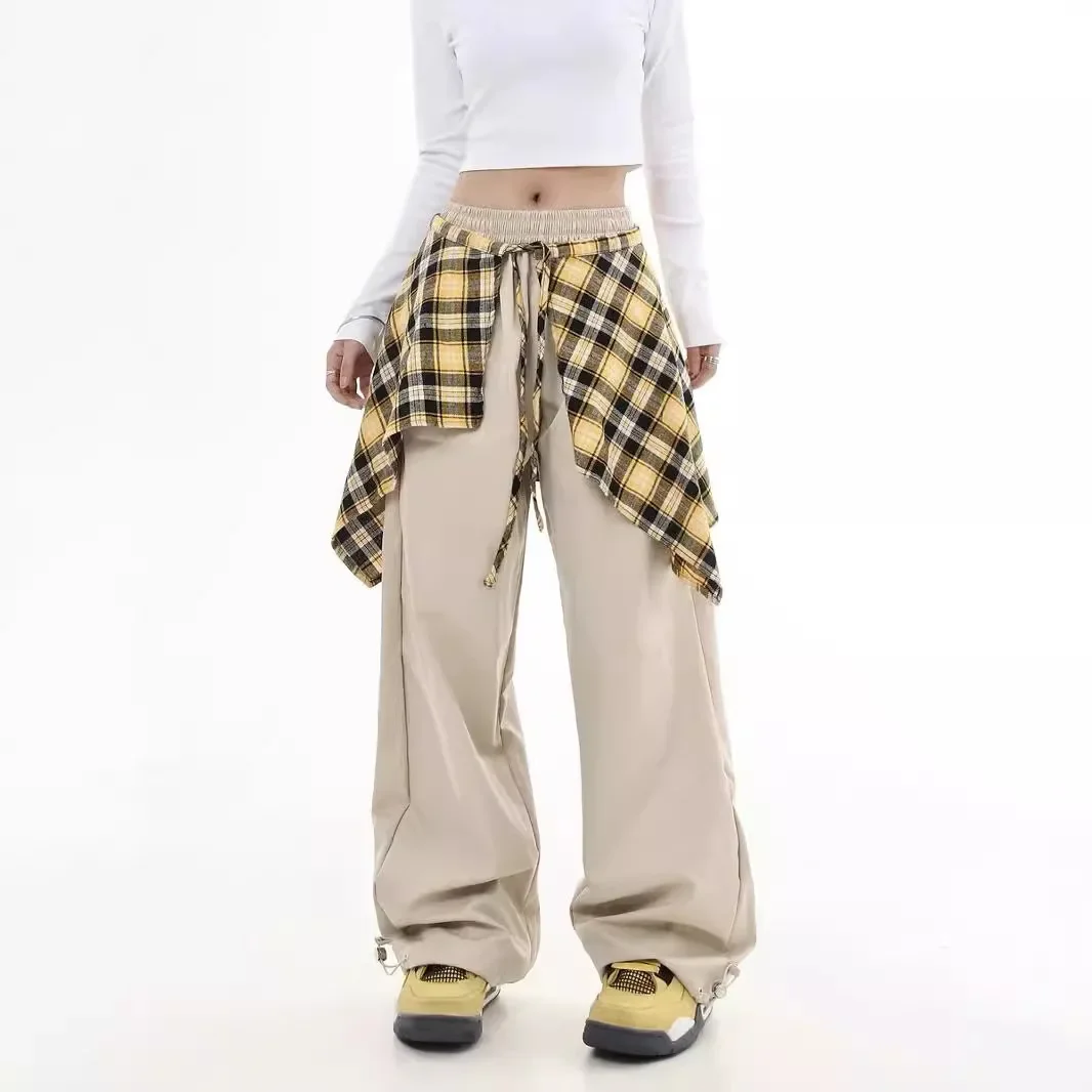 

High street checkered skirt thin casual pants for women's autumn design sense, high waist loose straight leg wide leg long pants