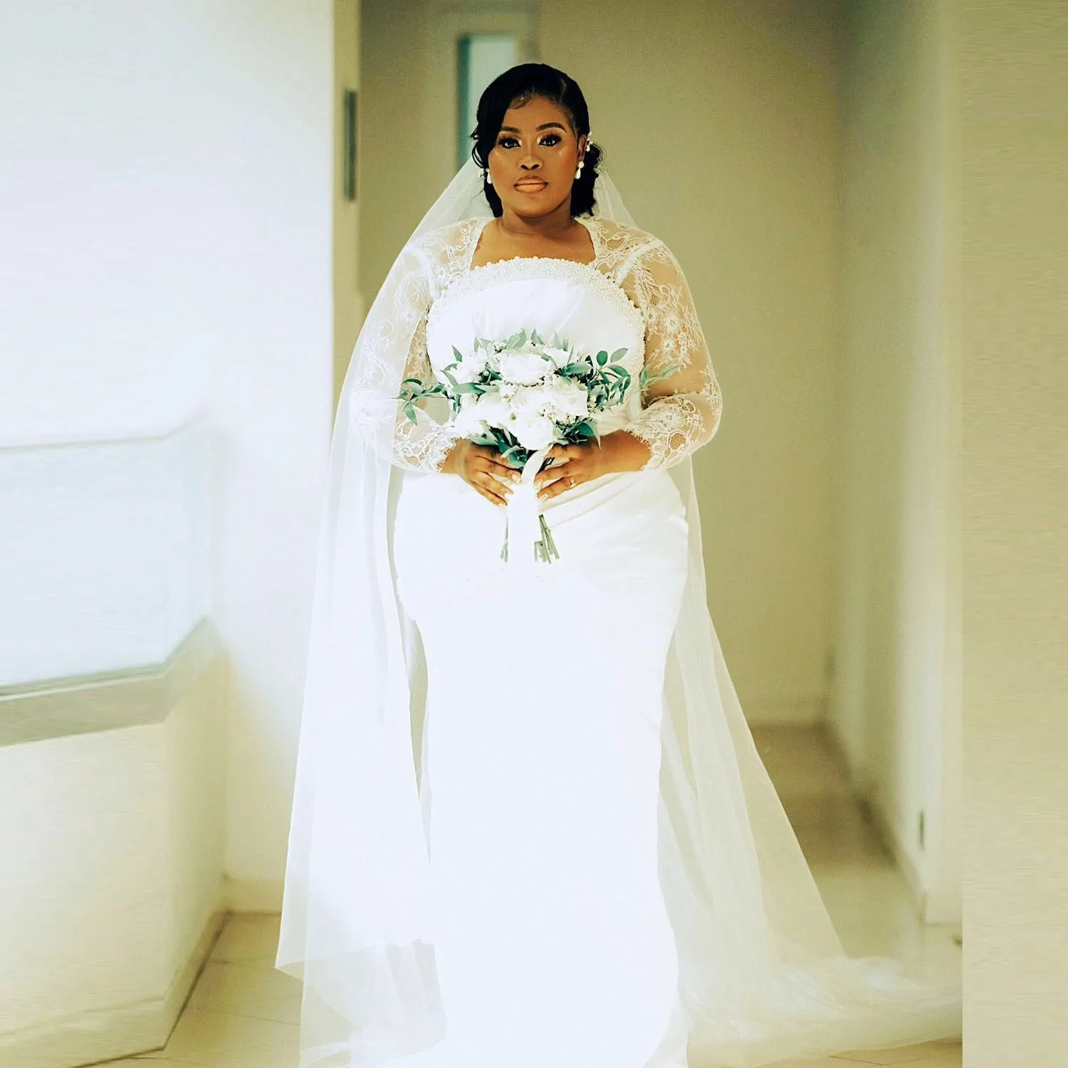 Vestidos de casamento com miçangas e pérolas para mulheres, vestidos de noiva africanos, mangas compridas, plus size, ilusão