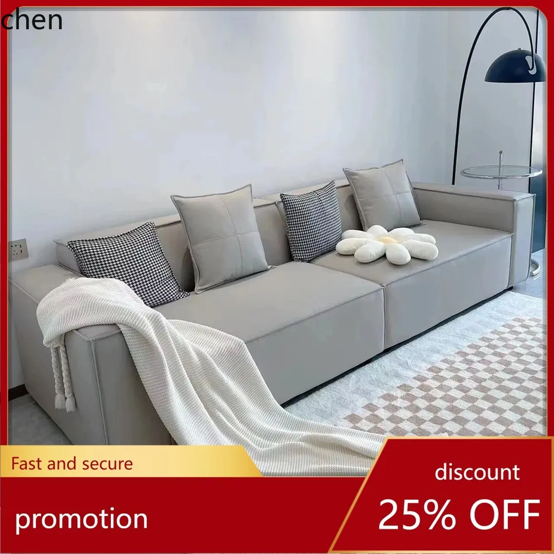 CZ Jingji Feng Tofu Block Genuine Leather Top Layer Cowhide Four-Seater Straight-Line Minimalist Sofa