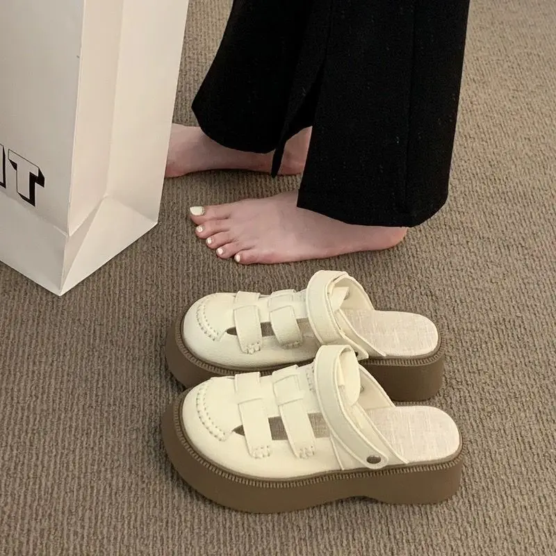 All Match Elevating Sandals for Women Autumn New Outerwear Slip-on Round-toe Holey Shoes Thick Sole Anti-slip Women Slippers