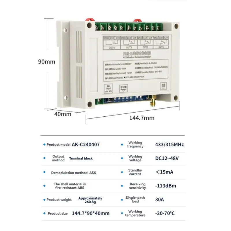 3CGRO-DC12-48V 4CH Remote Control Switch 30A Garage Door Switch Relay Lifting Equipment Controller With Transmitter 433MHZ