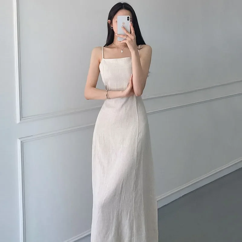 

Fashion Linen Long Dress Women 2024 Sleeveless Elegant Lace-Up A-Line Dresses Y2k Korean Summer Sexy Backless Party Dress Платье