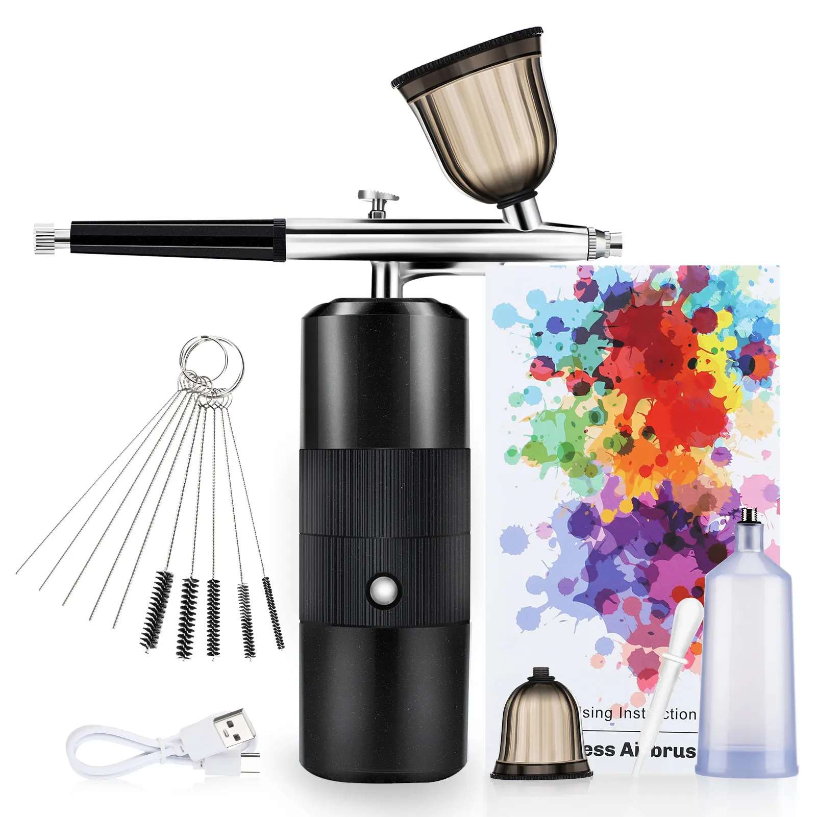 Airbrush Kit with Compressor, Air Brush Gun Rechargeable Portable High Pressure Air Brushes with Cleaning Brush Set