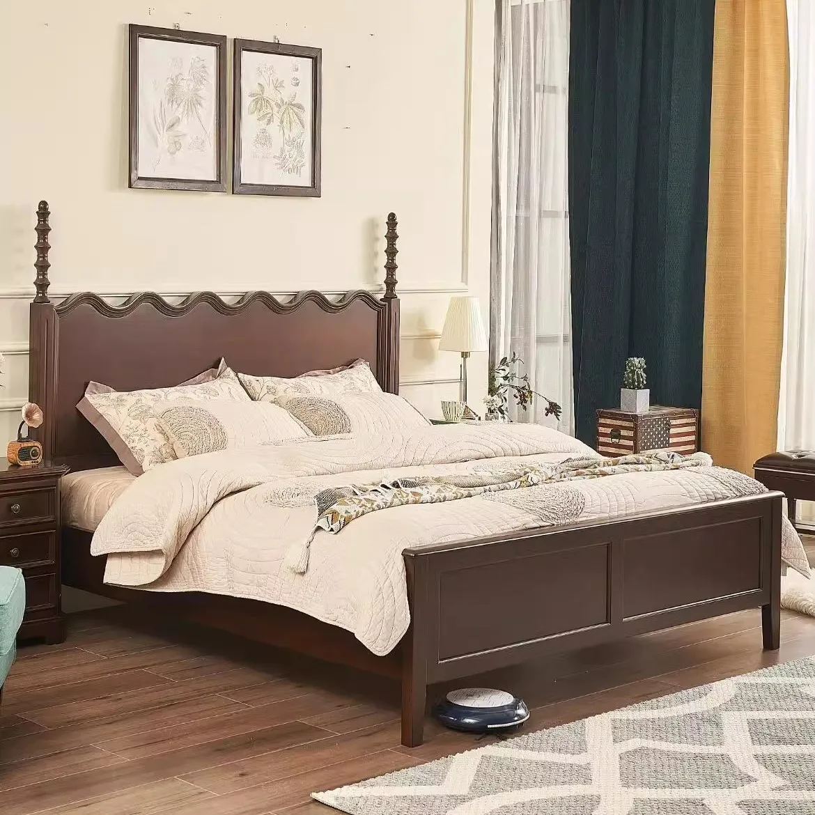 

Medieval all-solid wood bed carved Roman column black light luxury master bedroom marriage bed