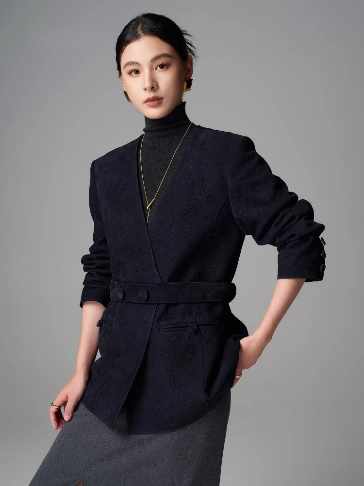 

Classic V-neck Genuine Leather Blazer Jacket for Women Autumn Winter 2026 New High-end Simple Real Goatskin Suede Coat with Belt