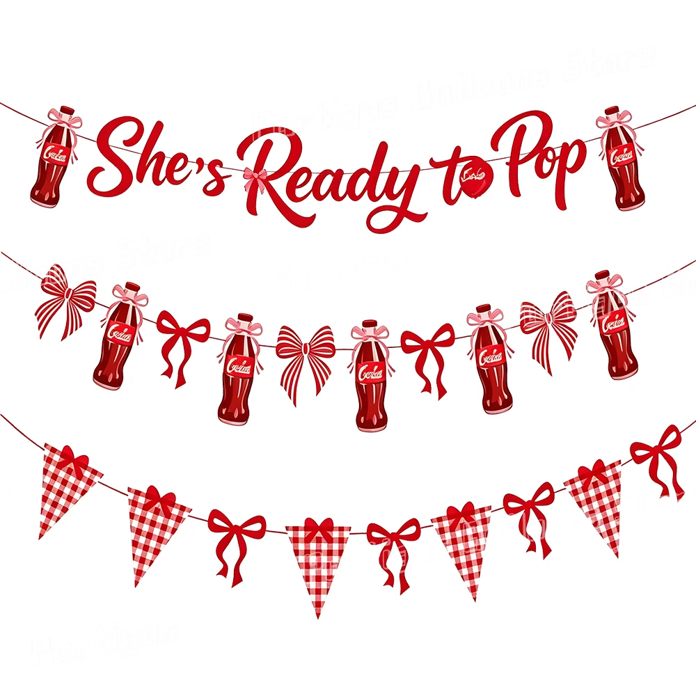 

She's Ready To Pop Banner With Bow Red White Hanging Flag Retro Soda Theme Celebrations Gender Reveal Baby Shower Decorations
