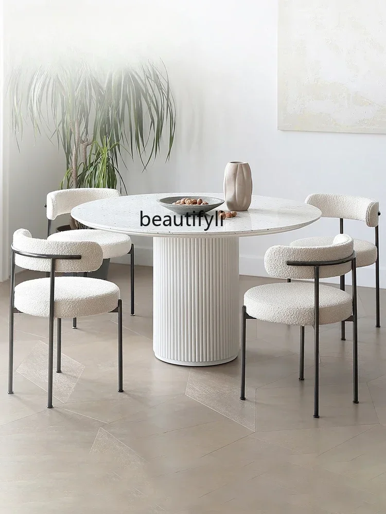 Q181  French Cream Style Light Luxury and Simplicity Modern Stone Plate Roman Column round Table Small Apartment Terrazzo Dining