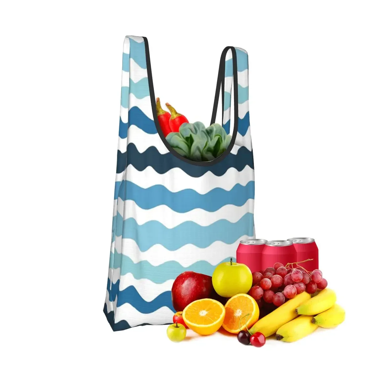 Abstract Blue Wave Pattern Calm Ocean Inspired Design Portable Tote Foldable Shopper Bag Grocery Handbag Shoulder Bag