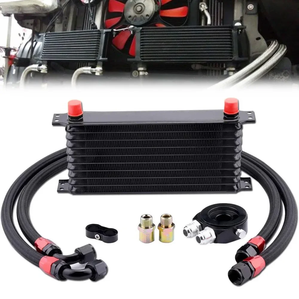 10row Stacked-plate Oil Cooler Universal Engine Transmission Kit +Oil Filter Sandwich Adapter +An10 Stainless Steel Braided Hose