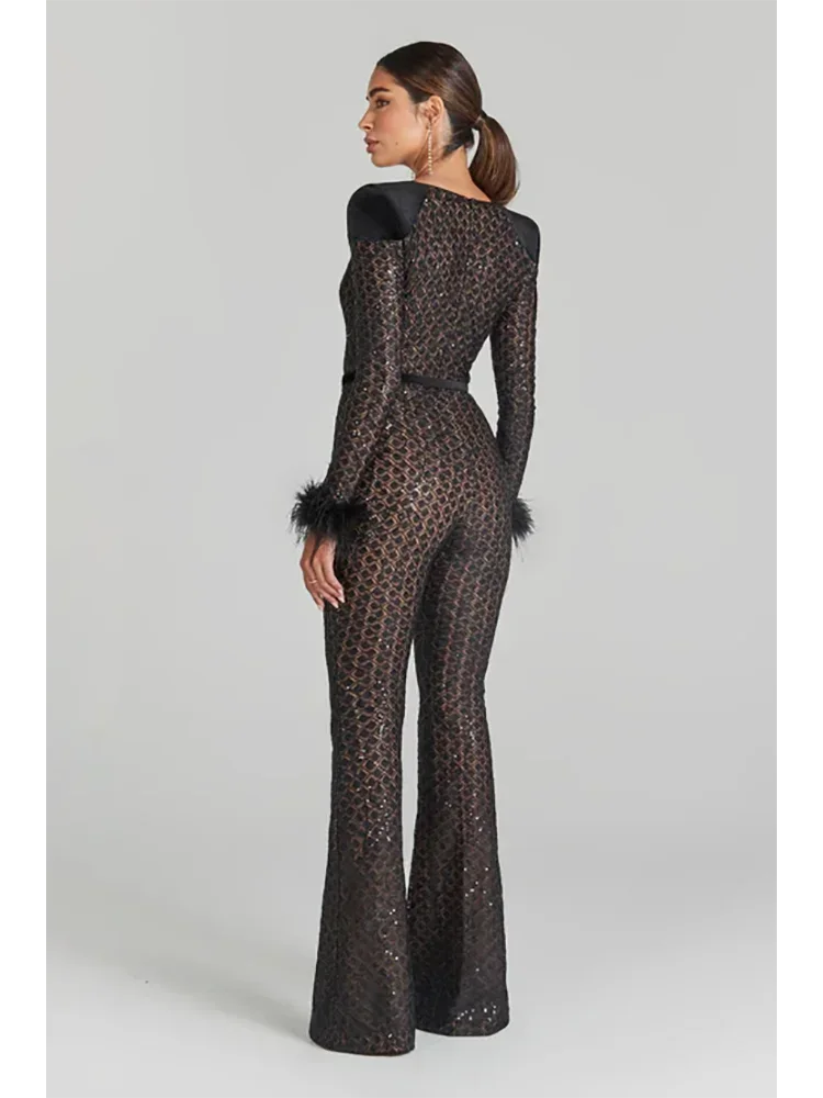 Sexy V Neck Long Sleeve Feathers Lace Jumpsuit Women Black Sequins With Belt Flare Jumpsuit Elegant Evening Party Jumpsuit