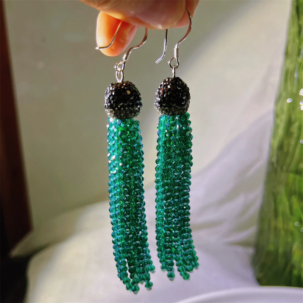 Hot 925 Silver Hook Rice Crystal Beads Long Tassel Earrings Handmade Beaded Grey Rhinestone Drop Earring for Women Quartz Stone