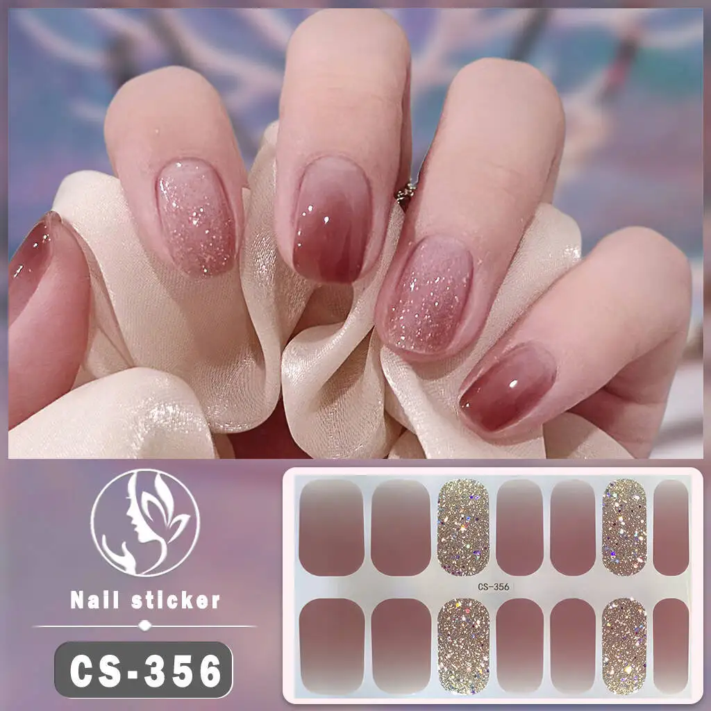 14Tips Nail Stickers Nude Color Adhesive Glitter Foil Waterproof Full Cover Nail Wraps DIY Manicure Arts Decals