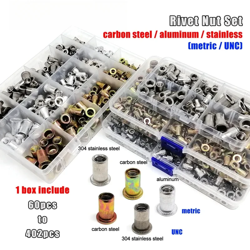1 Box M3 M4 M5 M6 M8 Flat Head Insert Rivet Nut Rivnut Set Kit 304 A2 Stainless Steel Carbon Steel Aluminum US Thread