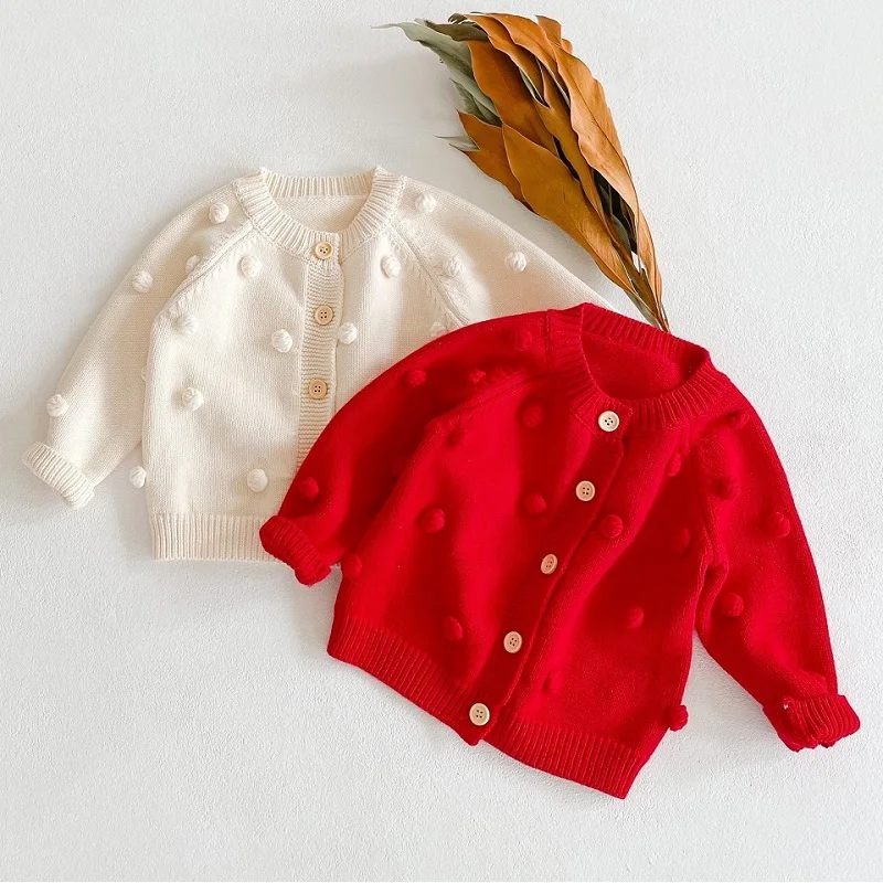 

Girls' Knitted Coat Spring and Autumn New Pure Cotton Handmade Ball Ball Long sleeved Casual Coat Newborn New Year Clothes