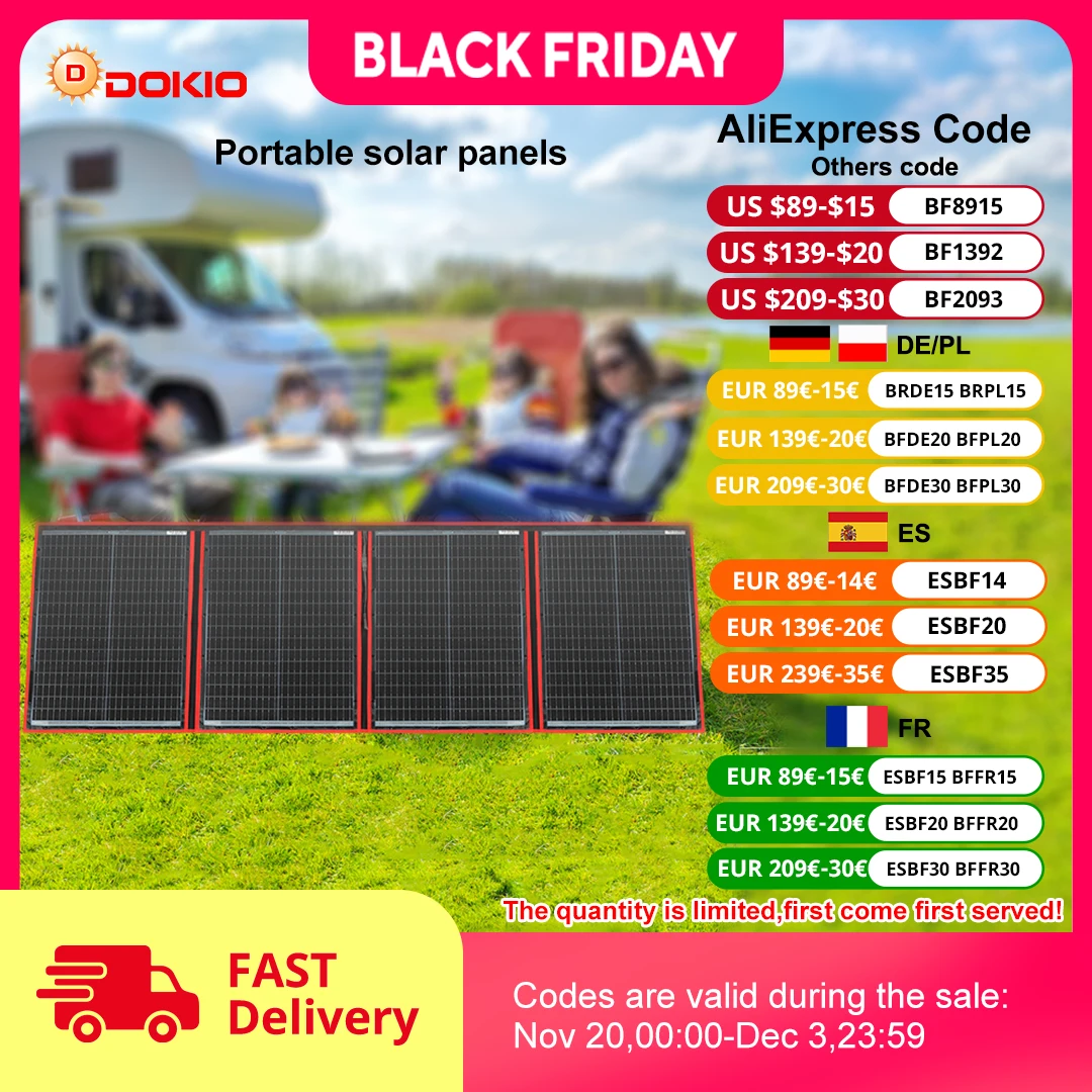 Dokio 블랙 태양광 패널, 중국 접이식 12V 컨트롤러 패널, 태양열 배터리 충전, 모터홈 RV 자동차 18V, 195W 18V