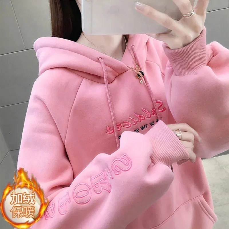 Plus Velvet Thick Warm Embroidered Hoodie Womens 2022 Autumn Winter New Korean Fashion Loose Casual Pullover Sweater Women