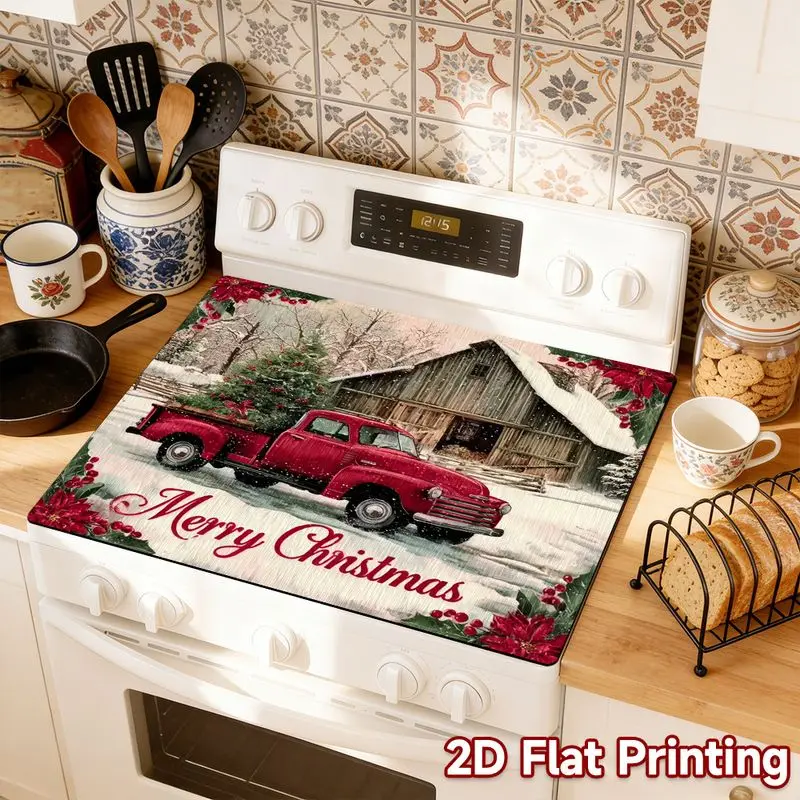 VIKAMA Red Truck Christmas Stove Cover Mat Farm Print Heat Resistant Cooktop Cover For Kitchen Dining Room Holiday Decor