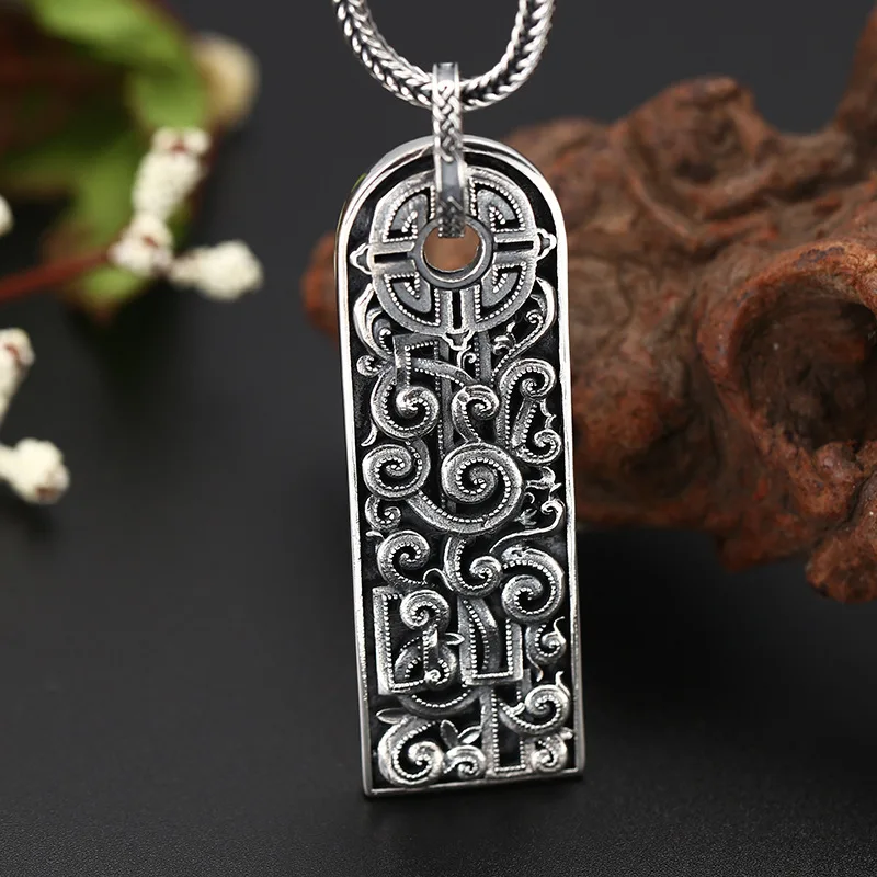 S925 Sterling Silver Longevity Pattern Pendant Black Color Old Process Unisex Tag Relief Fine Jewelry FYNE421