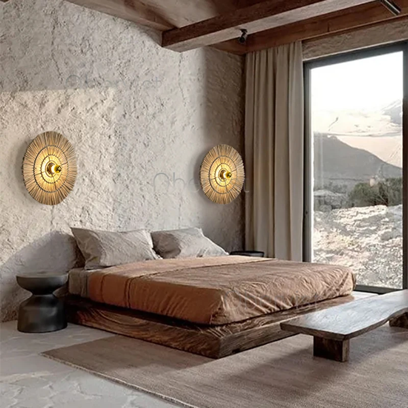 اليدوية العشب المنسوجة التعميم وحدة إضاءة LED جداريّة مصباح غرفة المعيشة المنزلي القديم حائط الخلفية تركيبات الإضاءة غرفة الطعام أضواء ديكور #1