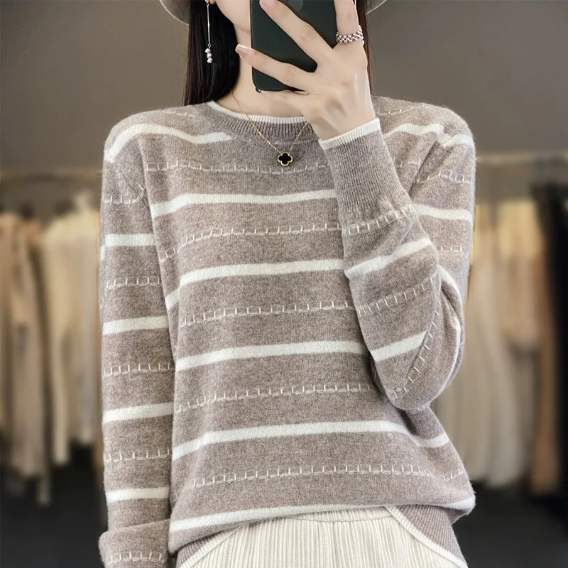 Casual sweter damski modne swetry w paski z długim rękawem koreańskie swetry podstawowe koszule z wycięciem jesienne zimowe ciepłe swetry