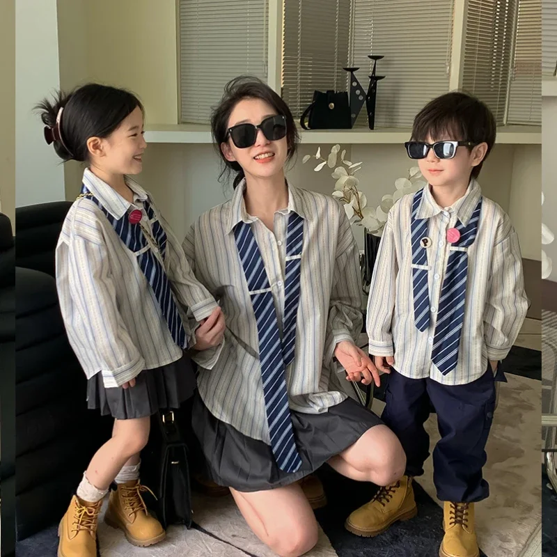 Mom and Son Matching Shirts with Tie Mother Daughter Long Sleeve Blouse Korea Fashion Mommy Baby Boy Clothing Children Clothes