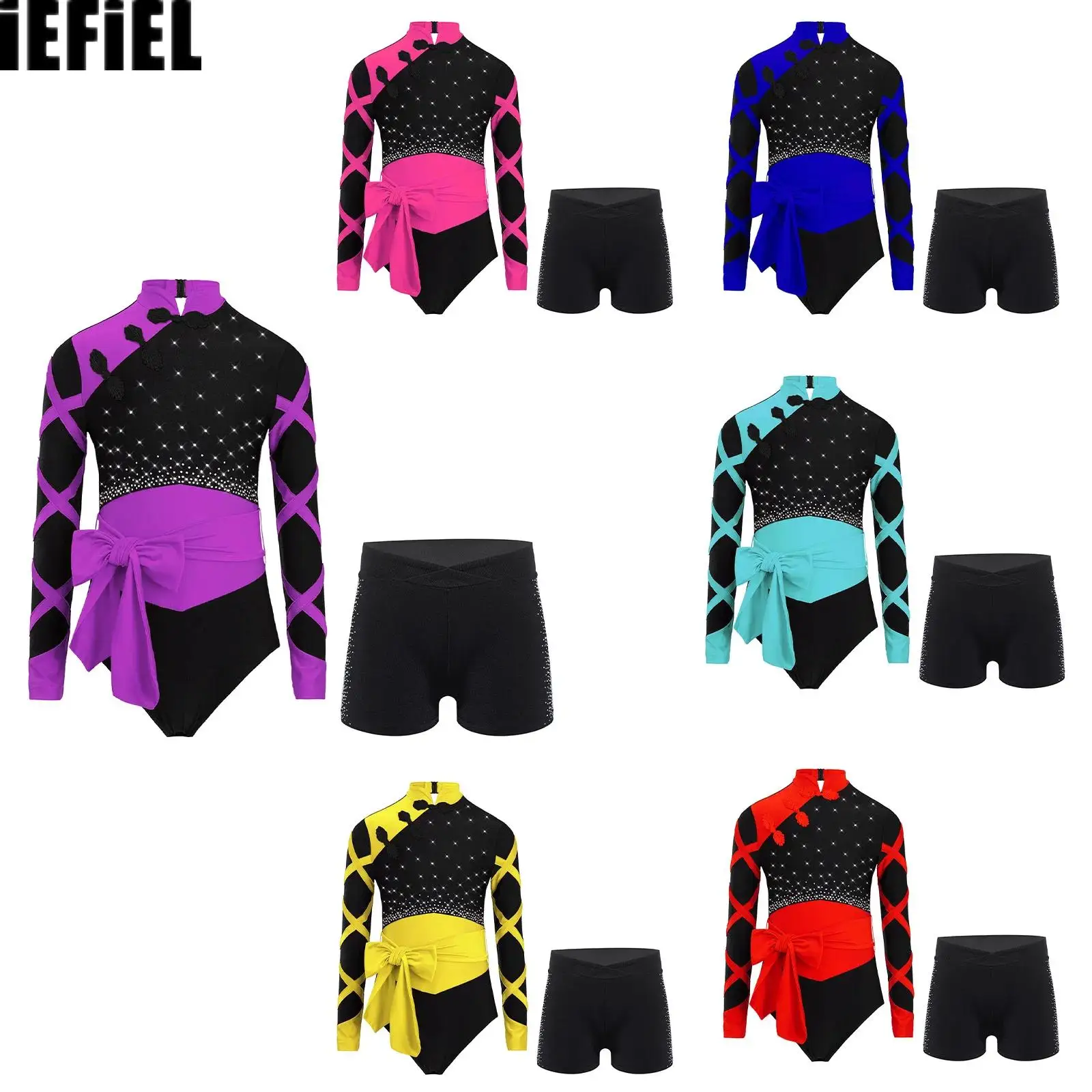 

Kids Girls Chinese Style Contrast Dance Sets Knot Mandarin Long Sleeve Rhinestones Leotard with Belt And V-Front Shorts