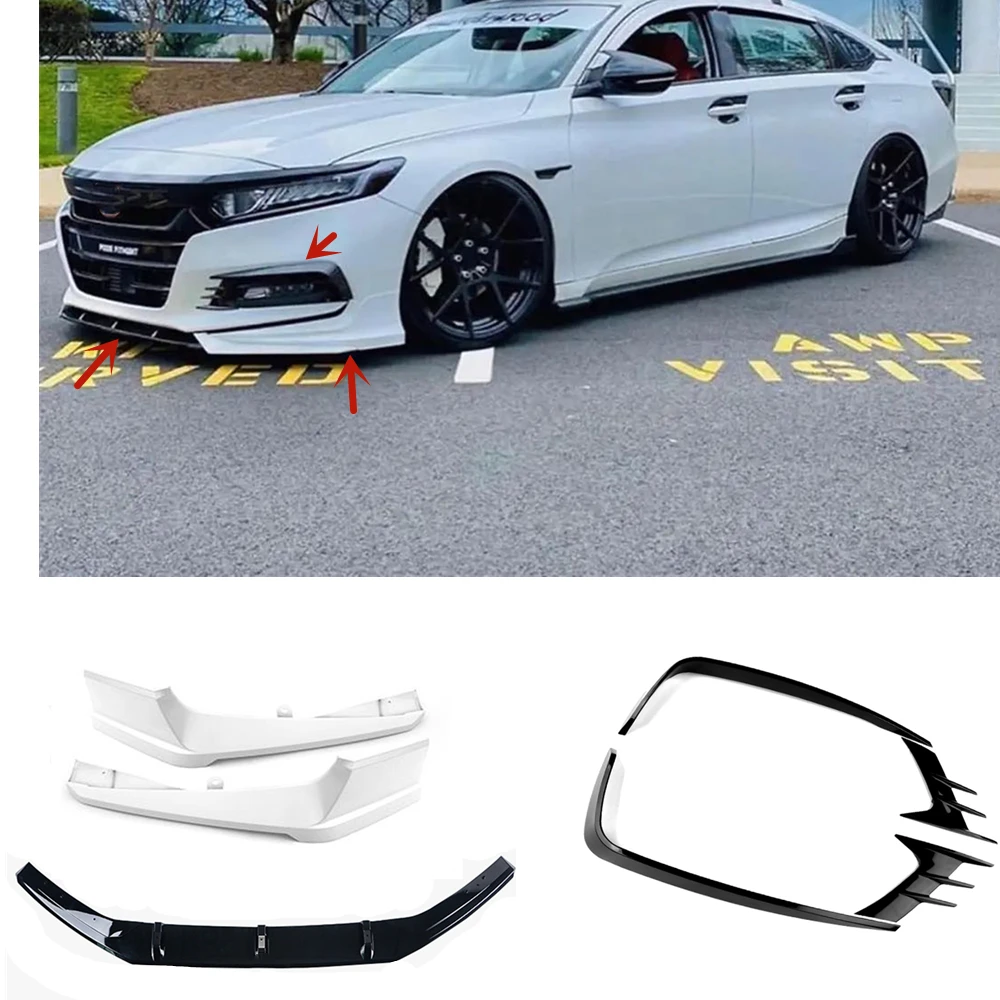 

AKASAKA Car Body Kit For Honda Accord 2018-20 10th Front Bumper Spoiler Lip+Side Splitter Corner Cover+Fog Light Brow Frame Trim