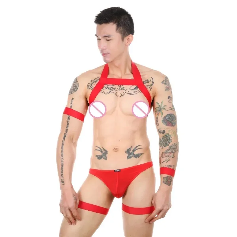 

Sexy Mens Harness Set Elastic Halter Chest Body Straps Hollow Out Lingerie Bondage Belts Fetish Arm Wrist Band