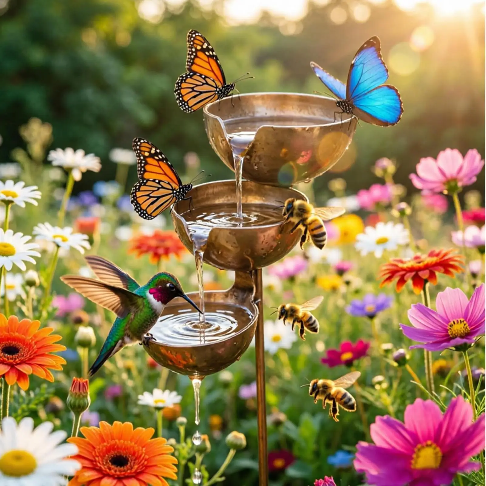 3 Tier Cascading Bird Bath Rust proof Metal Rain Collector Garden Drip Stand Decorative Water Feeder For Yard Lawn Patio Outdoor