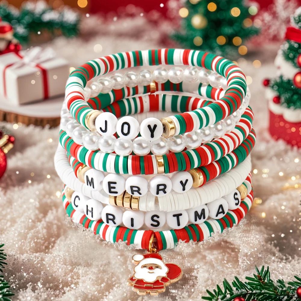 7PCS 6mm Red White Green Soft Ceramic 6mm Imitation Pearl Gallstone Disc Santa Claus Christmas Bracelet 7-piece Set