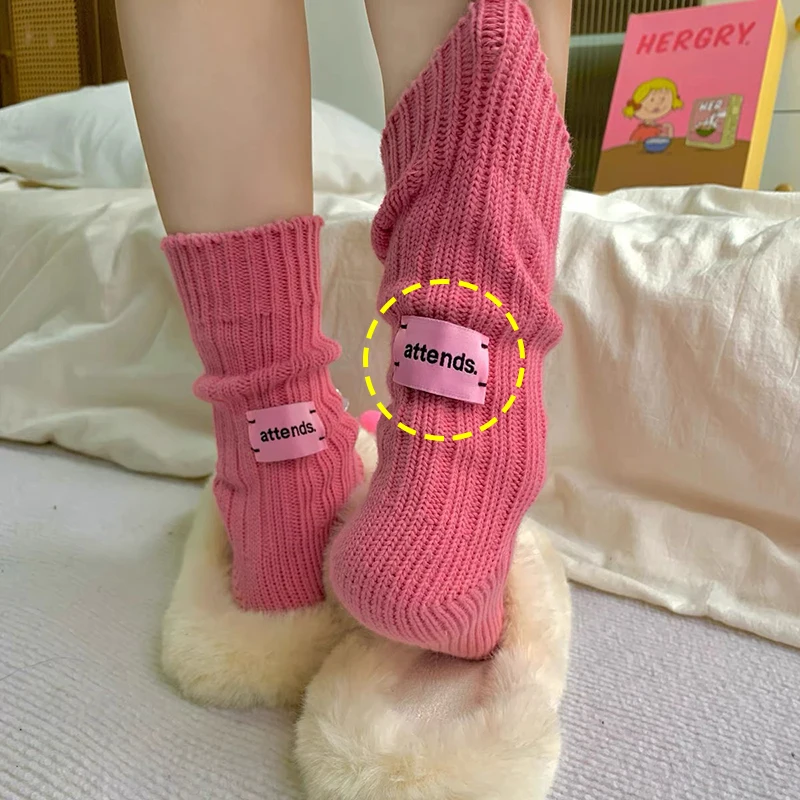 

Casual Knitted Middle Tube Socks Women Pink Label Cotton Thick Thread Stacked Long Sock Funny Retro Loose Streetwear Mujer